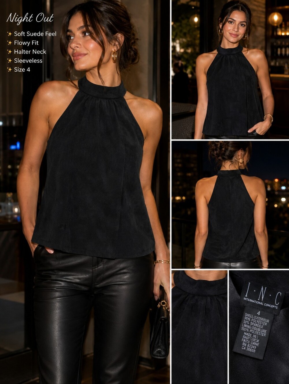 I.N.C Black Sleeveless Halter Top – Soft Suede Feel, Flowy‎ Fit Size 4 Black